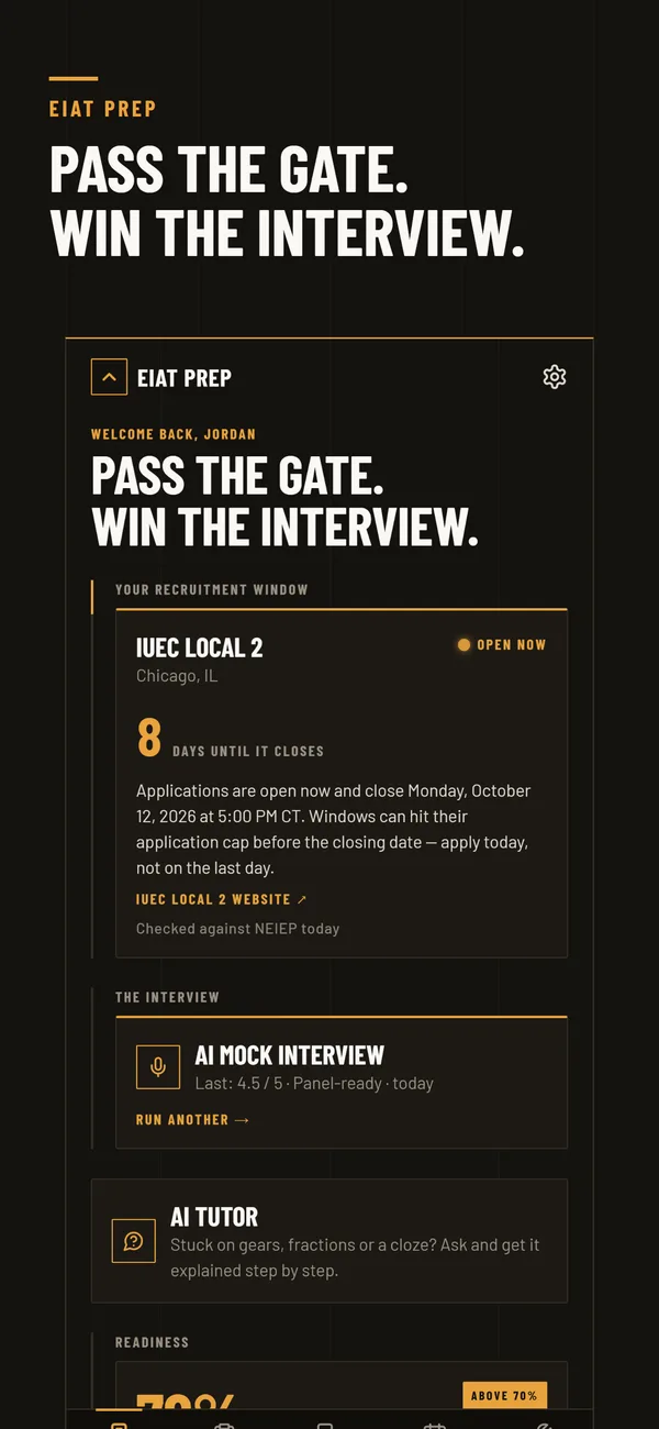 EIAT Prep home screen: recruitment window countdown, AI mock interview and AI tutor